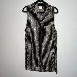 Nom de Plume Two Side Zip Tunic Top Black Stripe Button Front Sleeveless Sz M